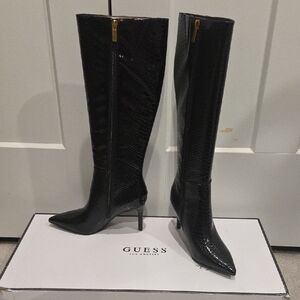 GUESS Richee Black Faux-Snakeskin Knee Pointed Stiletto Boots